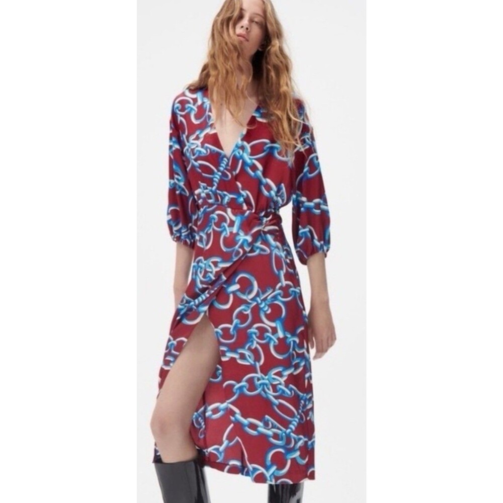 Zara Chic Women's Printed Midi Dress Size M Deep Red Blue Chain Print